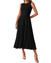 BTFBM Women Midi Bodycon Tank Dress Summer Crewneck Sleeveless Pleated A Line Business Casual Knit Sweater Fall Dresses - 7DAY'S