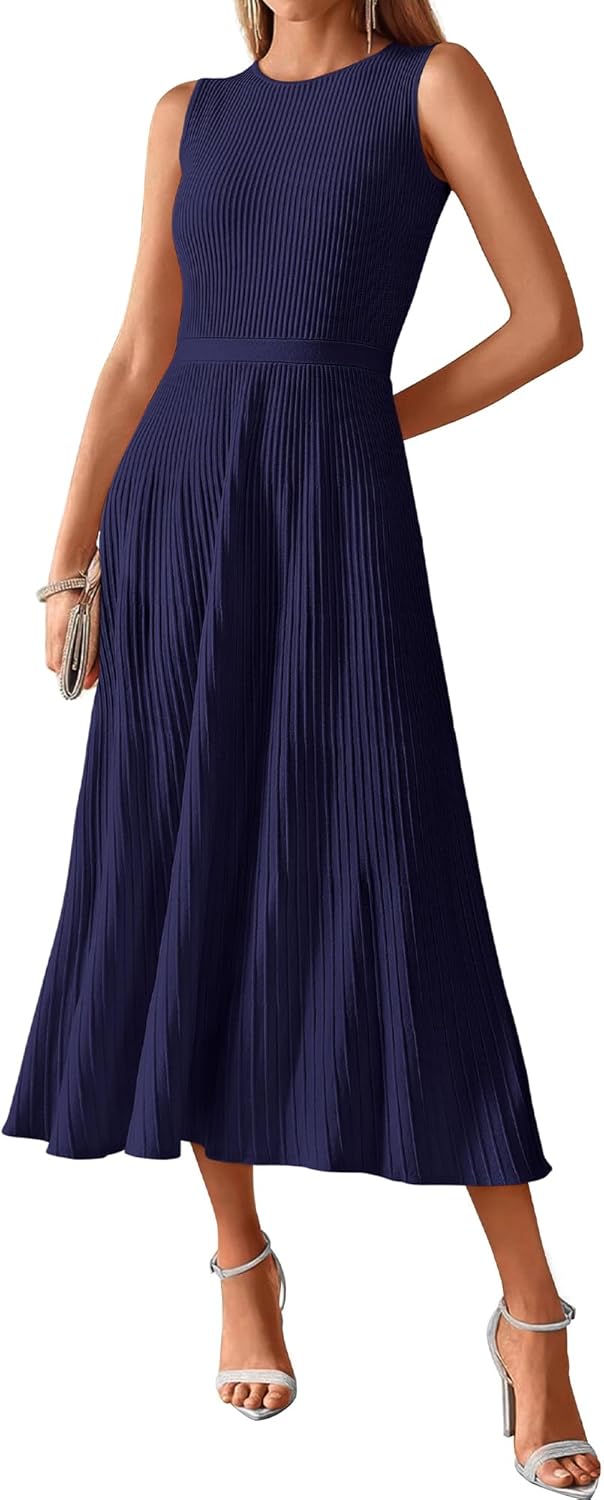 BTFBM Women Midi Bodycon Tank Dress Summer Crewneck Sleeveless Pleated A Line Business Casual Knit Sweater Fall Dresses - 7DAY'S