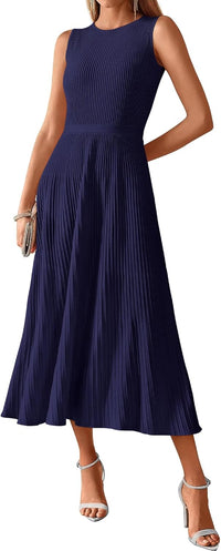 BTFBM Women Midi Bodycon Tank Dress Summer Crewneck Sleeveless Pleated A Line Business Casual Knit Sweater Fall Dresses - 7DAY'S