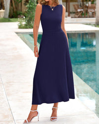 BTFBM Women Midi Bodycon Tank Dress Summer Crewneck Sleeveless Pleated A Line Business Casual Knit Sweater Fall Dresses - 7DAY'S