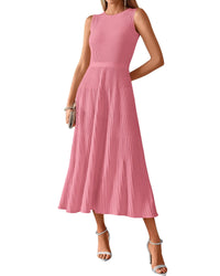 BTFBM Women Midi Bodycon Tank Dress Summer Crewneck Sleeveless Pleated A Line Business Casual Knit Sweater Fall Dresses - 7DAY'S