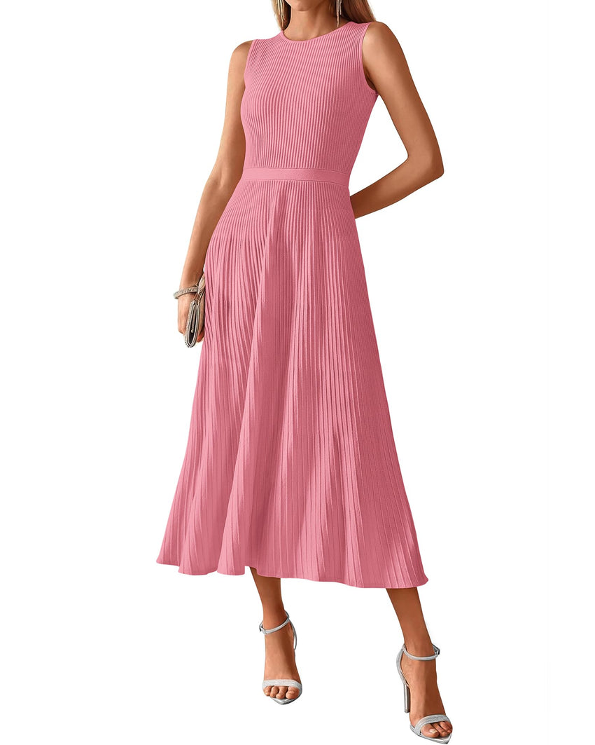 BTFBM Women Midi Bodycon Tank Dress Summer Crewneck Sleeveless Pleated A Line Business Casual Knit Sweater Fall Dresses - 7DAY'S
