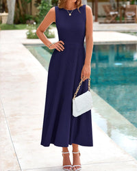 BTFBM Women Midi Bodycon Tank Dress Summer Crewneck Sleeveless Pleated A Line Business Casual Knit Sweater Fall Dresses - 7DAY'S