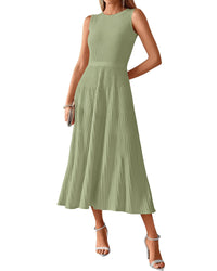 BTFBM Women Midi Bodycon Tank Dress Summer Crewneck Sleeveless Pleated A Line Business Casual Knit Sweater Fall Dresses - 7DAY'S