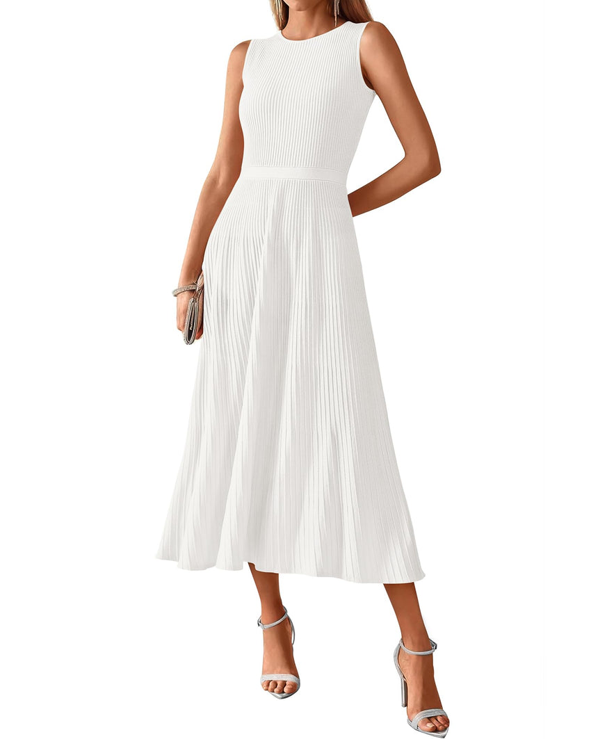 BTFBM Women Midi Bodycon Tank Dress Summer Crewneck Sleeveless Pleated A Line Business Casual Knit Sweater Fall Dresses - 7DAY'S