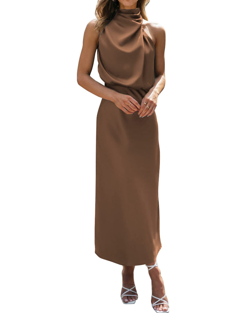 BTFBM Women Sleeveless Cocktail Dresses Fall Mock Neck Keyhole Elastic High Waist Evening Party Maxi Wedding Guest Dress - 7DAY'S