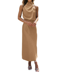 BTFBM Women Sleeveless Cocktail Dresses Fall Mock Neck Keyhole Elastic High Waist Evening Party Maxi Wedding Guest Dress - 7DAY'S