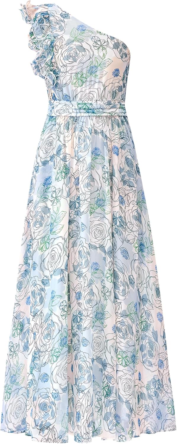 BTFBM Women Summer One Shoulder Floral Wedding Guest Dresses Sleeveless Smocked Ruffle Flowy Beach Vacation Maxi Dress - 7DAY'S