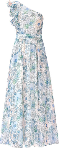 BTFBM Women Summer One Shoulder Floral Wedding Guest Dresses Sleeveless Smocked Ruffle Flowy Beach Vacation Maxi Dress - 7DAY'S