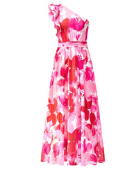 BTFBM Women Summer One Shoulder Floral Wedding Guest Dresses Sleeveless Smocked Ruffle Flowy Beach Vacation Maxi Dress - 7DAY'S