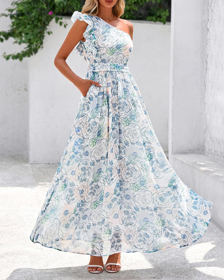 BTFBM Women Summer One Shoulder Floral Wedding Guest Dresses Sleeveless Smocked Ruffle Flowy Beach Vacation Maxi Dress - 7DAY'S