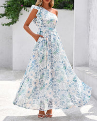 BTFBM Women Summer One Shoulder Floral Wedding Guest Dresses Sleeveless Smocked Ruffle Flowy Beach Vacation Maxi Dress - 7DAY'S