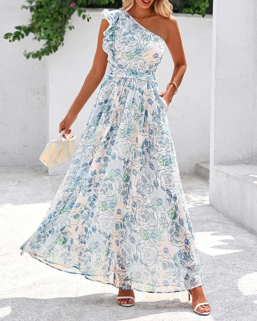 BTFBM Women Summer One Shoulder Floral Wedding Guest Dresses Sleeveless Smocked Ruffle Flowy Beach Vacation Maxi Dress - 7DAY'S