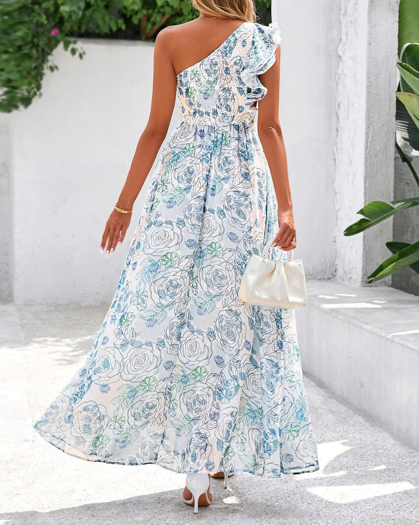 BTFBM Women Summer One Shoulder Floral Wedding Guest Dresses Sleeveless Smocked Ruffle Flowy Beach Vacation Maxi Dress - 7DAY'S