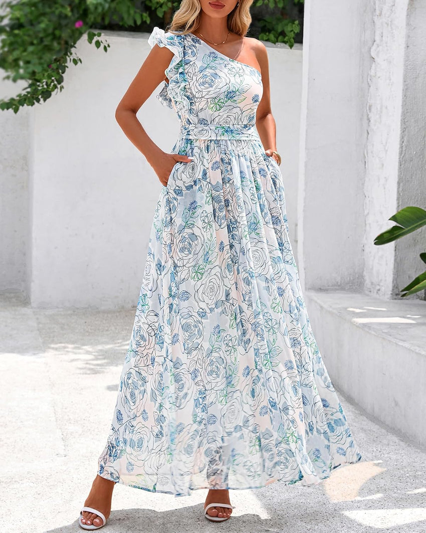 BTFBM Women Summer One Shoulder Floral Wedding Guest Dresses Sleeveless Smocked Ruffle Flowy Beach Vacation Maxi Dress - 7DAY'S