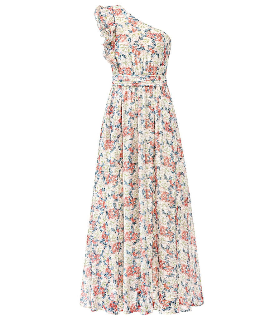 BTFBM Women Summer One Shoulder Floral Wedding Guest Dresses Sleeveless Smocked Ruffle Flowy Beach Vacation Maxi Dress - 7DAY'S