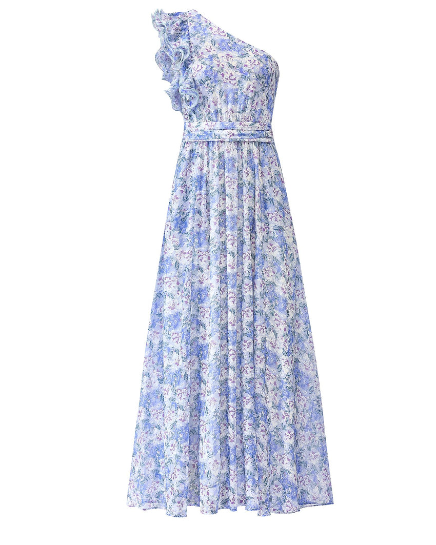 BTFBM Women Summer One Shoulder Floral Wedding Guest Dresses Sleeveless Smocked Ruffle Flowy Beach Vacation Maxi Dress - 7DAY'S