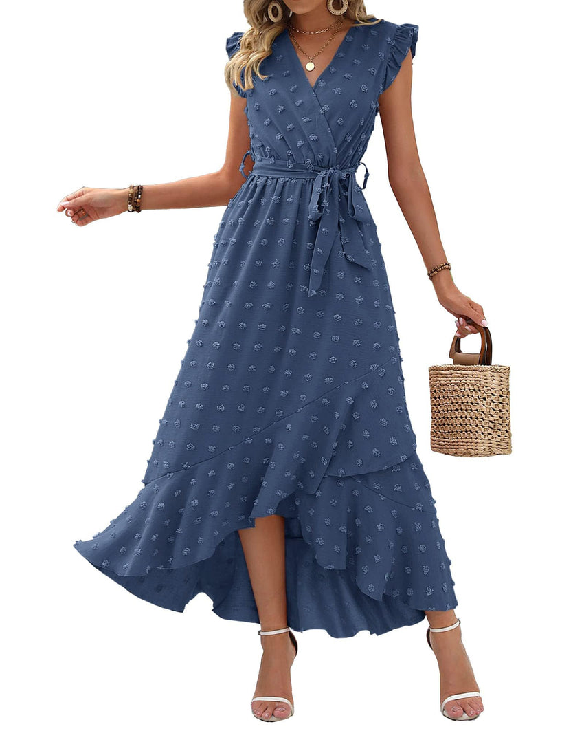 BTFBM Women V Neck Summer Dress 2025 Cap Sleeve Swiss Dot Boho Flowy Ruffle Slit Beach Party Long Maxi Cocktail Dresses - 7DAY'S
