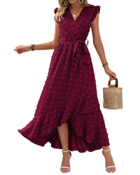 BTFBM Women V Neck Summer Dress 2025 Cap Sleeve Swiss Dot Boho Flowy Ruffle Slit Beach Party Long Maxi Cocktail Dresses - 7DAY'S