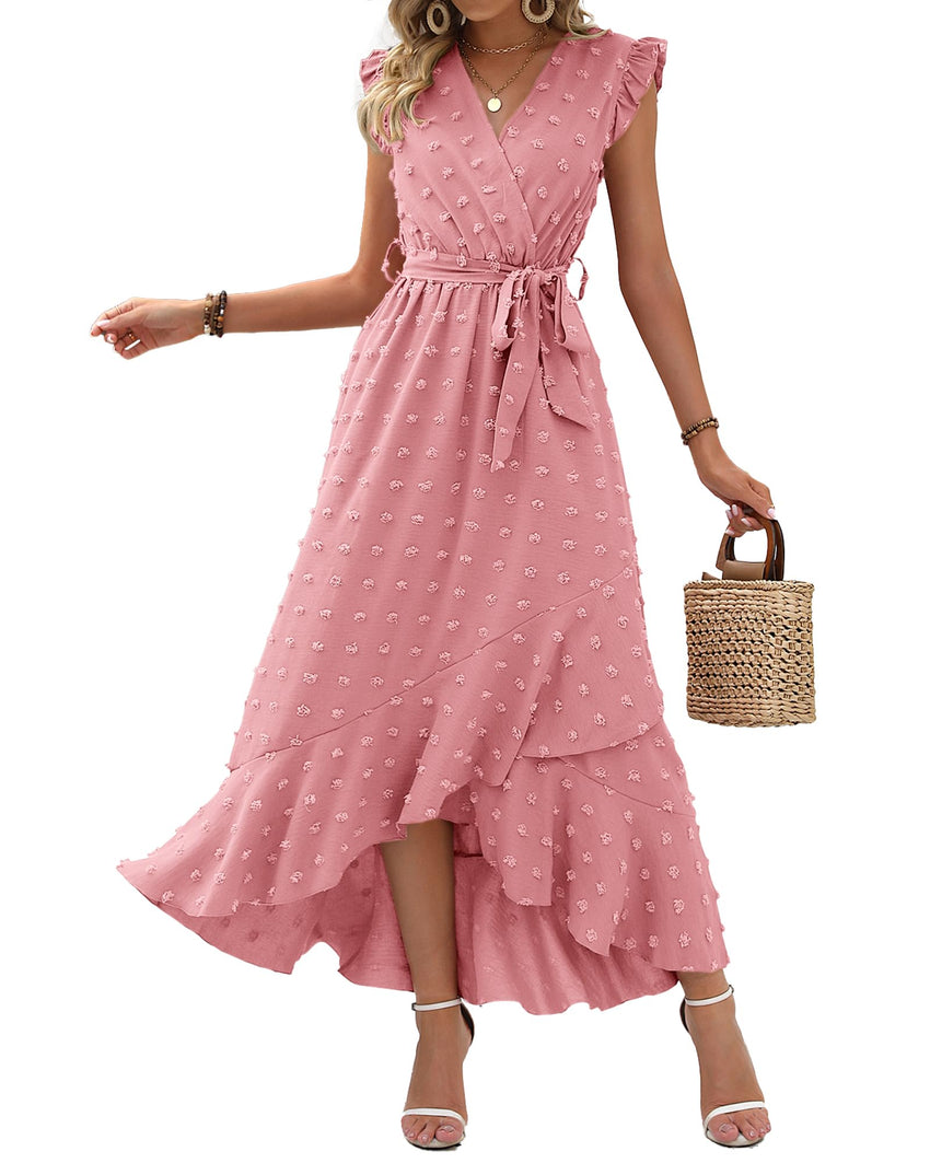BTFBM Women V Neck Summer Dress 2025 Cap Sleeve Swiss Dot Boho Flowy Ruffle Slit Beach Party Long Maxi Cocktail Dresses - 7DAY'S