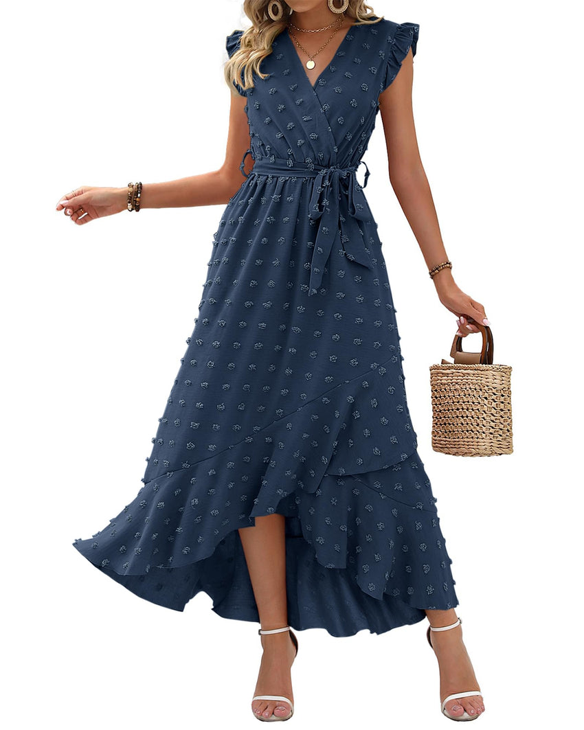 BTFBM Women V Neck Summer Dress 2025 Cap Sleeve Swiss Dot Boho Flowy Ruffle Slit Beach Party Long Maxi Cocktail Dresses - 7DAY'S