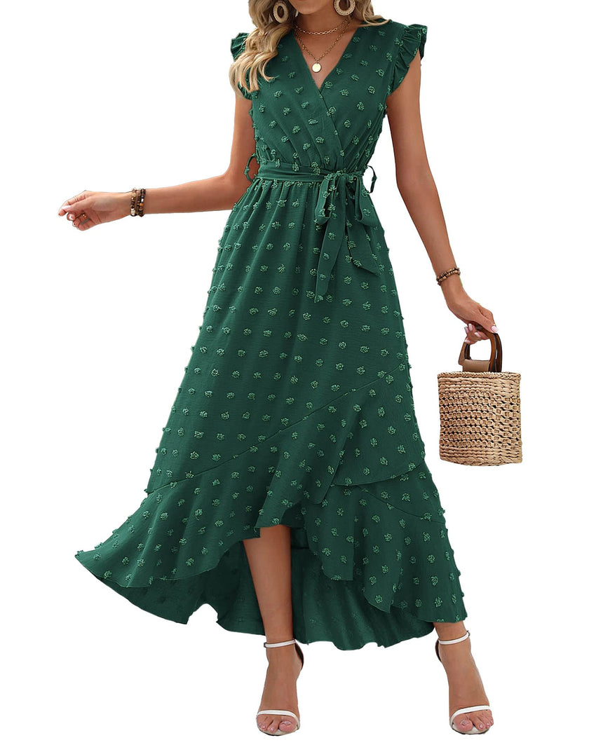 BTFBM Women V Neck Summer Dress 2025 Cap Sleeve Swiss Dot Boho Flowy Ruffle Slit Beach Party Long Maxi Cocktail Dresses - 7DAY'S
