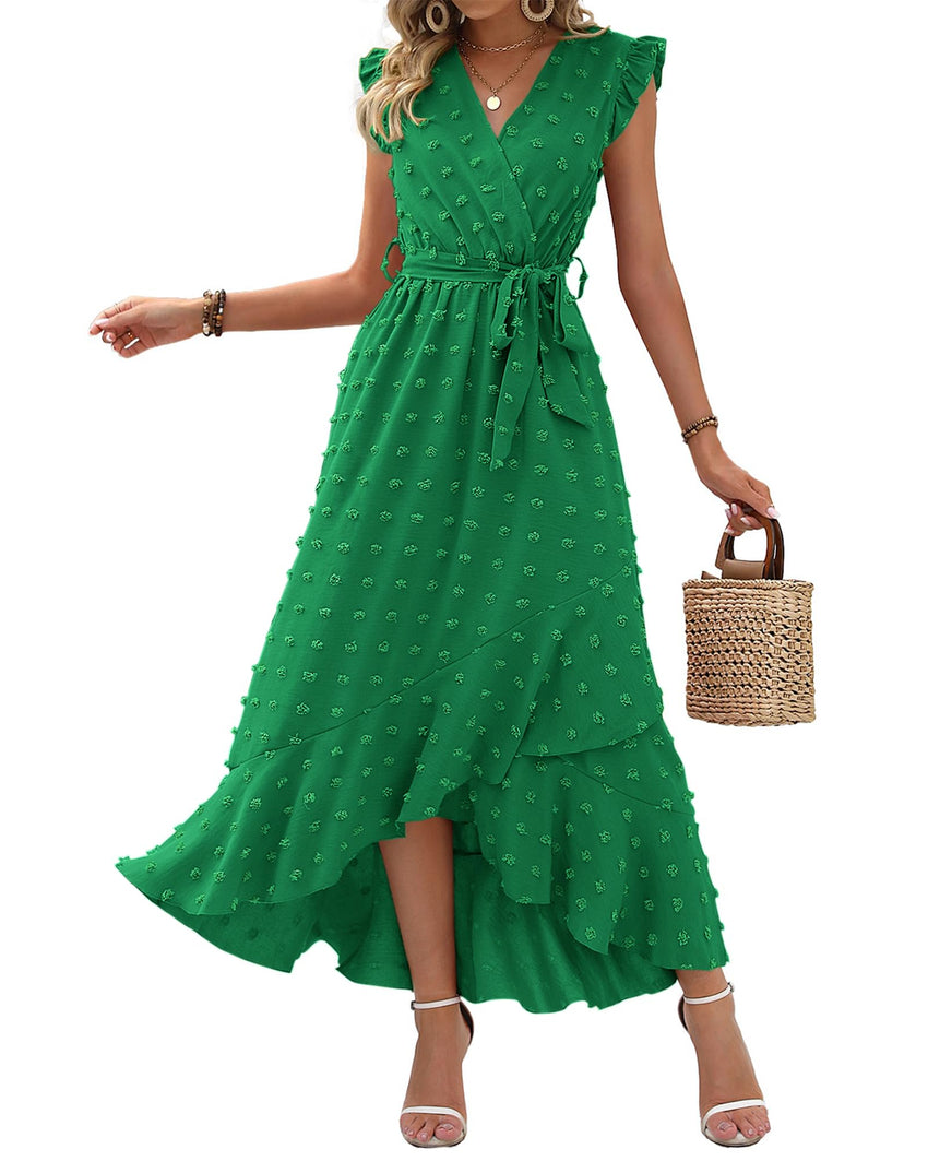 BTFBM Women V Neck Summer Dress 2025 Cap Sleeve Swiss Dot Boho Flowy Ruffle Slit Beach Party Long Maxi Cocktail Dresses - 7DAY'S