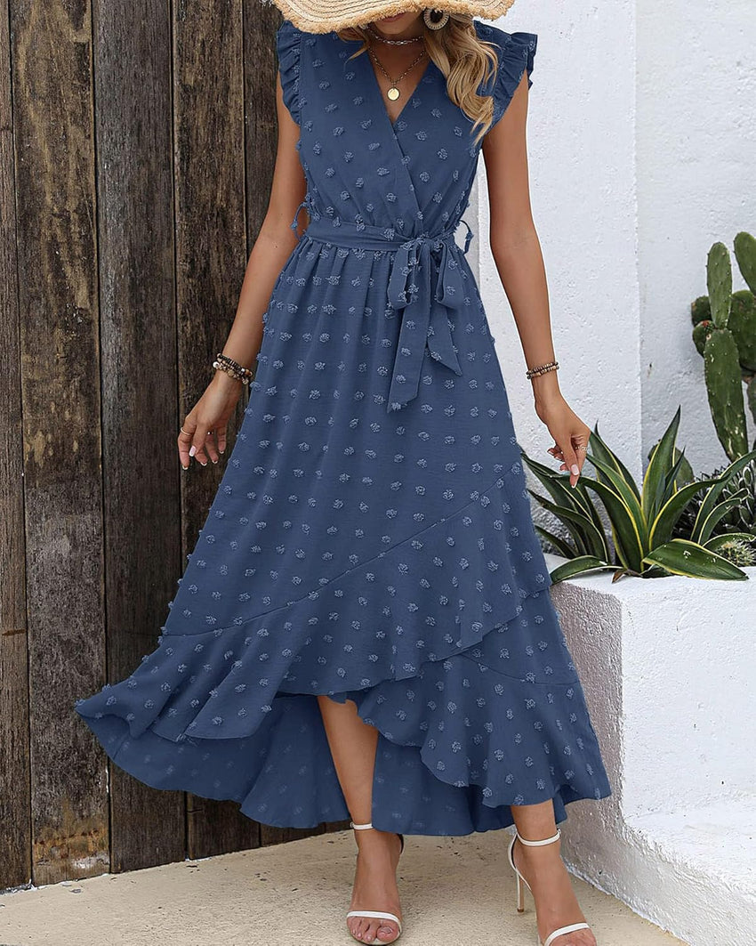 BTFBM Women V Neck Summer Dress 2025 Cap Sleeve Swiss Dot Boho Flowy Ruffle Slit Beach Party Long Maxi Cocktail Dresses - 7DAY'S