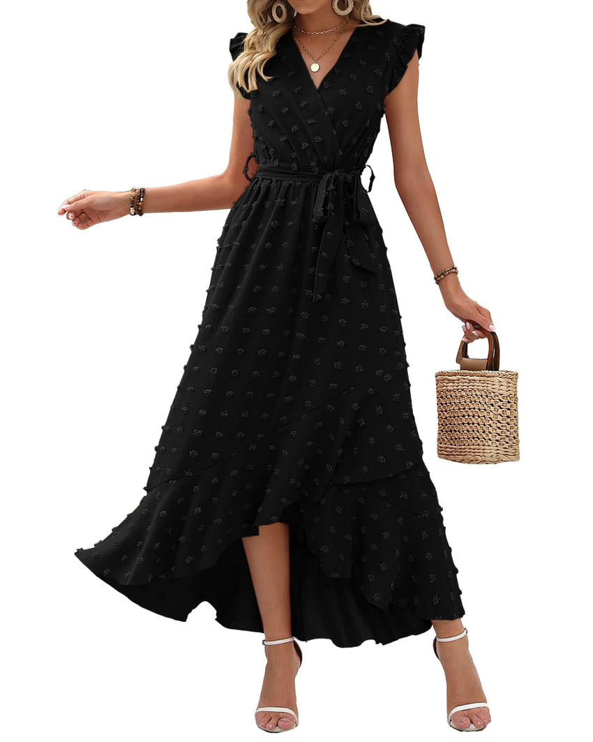 BTFBM Women V Neck Summer Dress 2025 Cap Sleeve Swiss Dot Boho Flowy Ruffle Slit Beach Party Long Maxi Cocktail Dresses - 7DAY'S