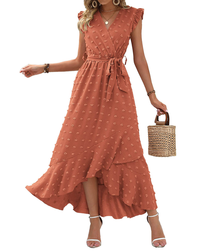 BTFBM Women V Neck Summer Dress 2025 Cap Sleeve Swiss Dot Boho Flowy Ruffle Slit Beach Party Long Maxi Cocktail Dresses - 7DAY'S