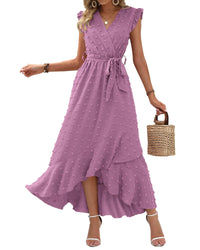 BTFBM Women V Neck Summer Dress 2025 Cap Sleeve Swiss Dot Boho Flowy Ruffle Slit Beach Party Long Maxi Cocktail Dresses - 7DAY'S
