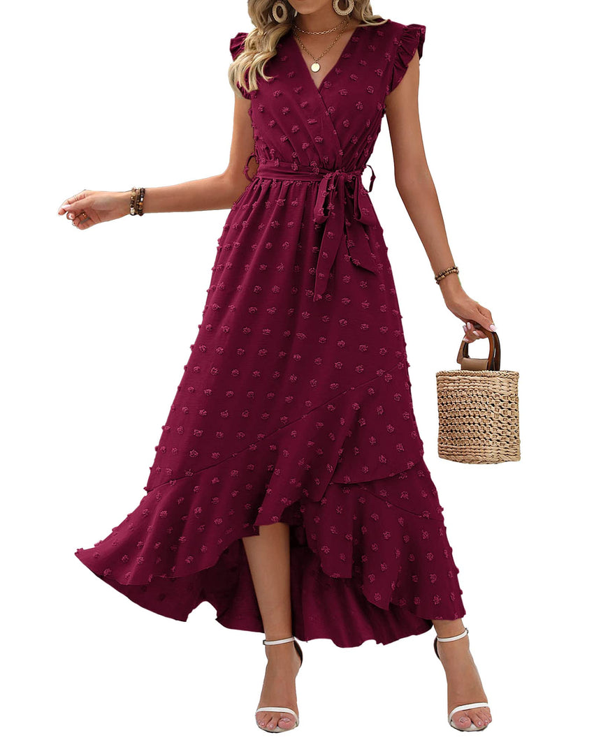 BTFBM Women V Neck Summer Dress 2025 Cap Sleeve Swiss Dot Boho Flowy Ruffle Slit Beach Party Long Maxi Cocktail Dresses - 7DAY'S
