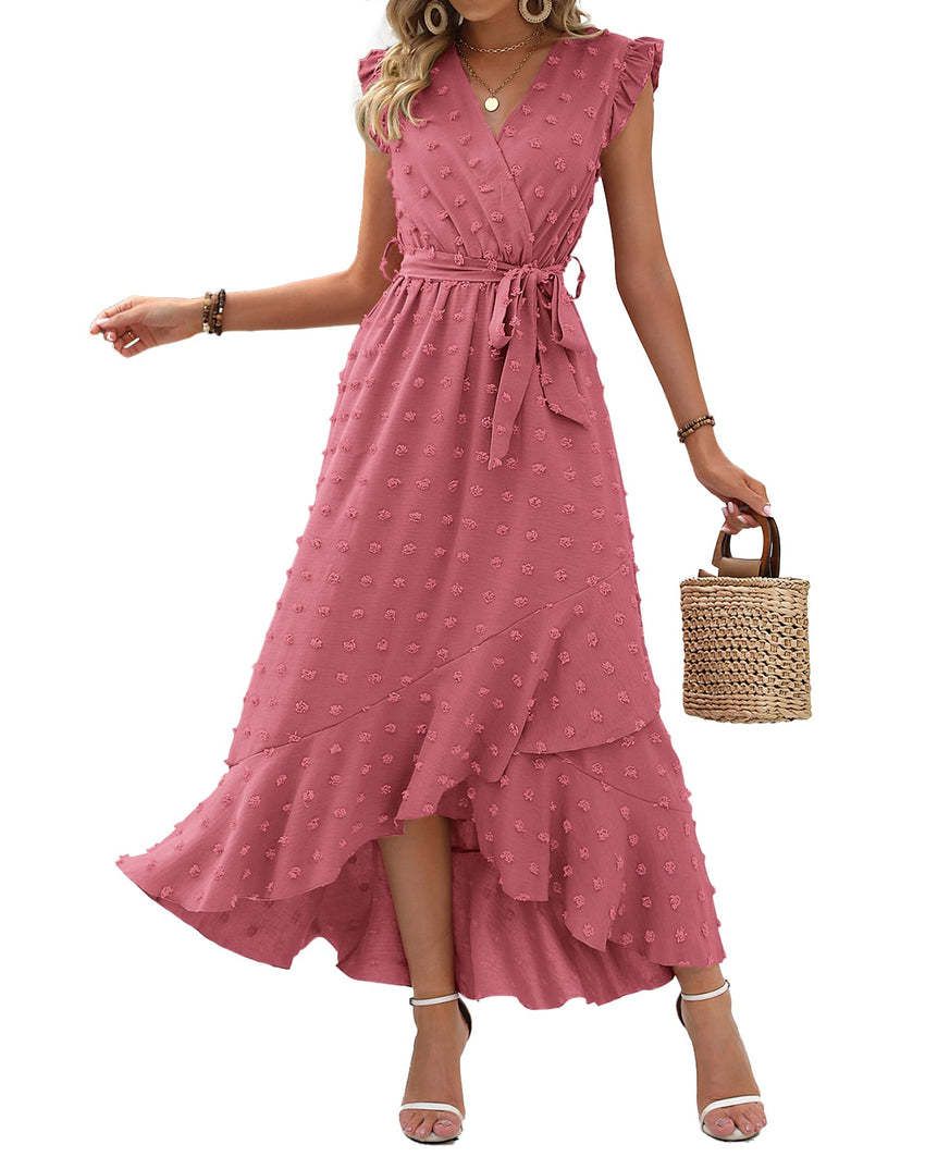 BTFBM Women V Neck Summer Dress 2025 Cap Sleeve Swiss Dot Boho Flowy Ruffle Slit Beach Party Long Maxi Cocktail Dresses - 7DAY'S