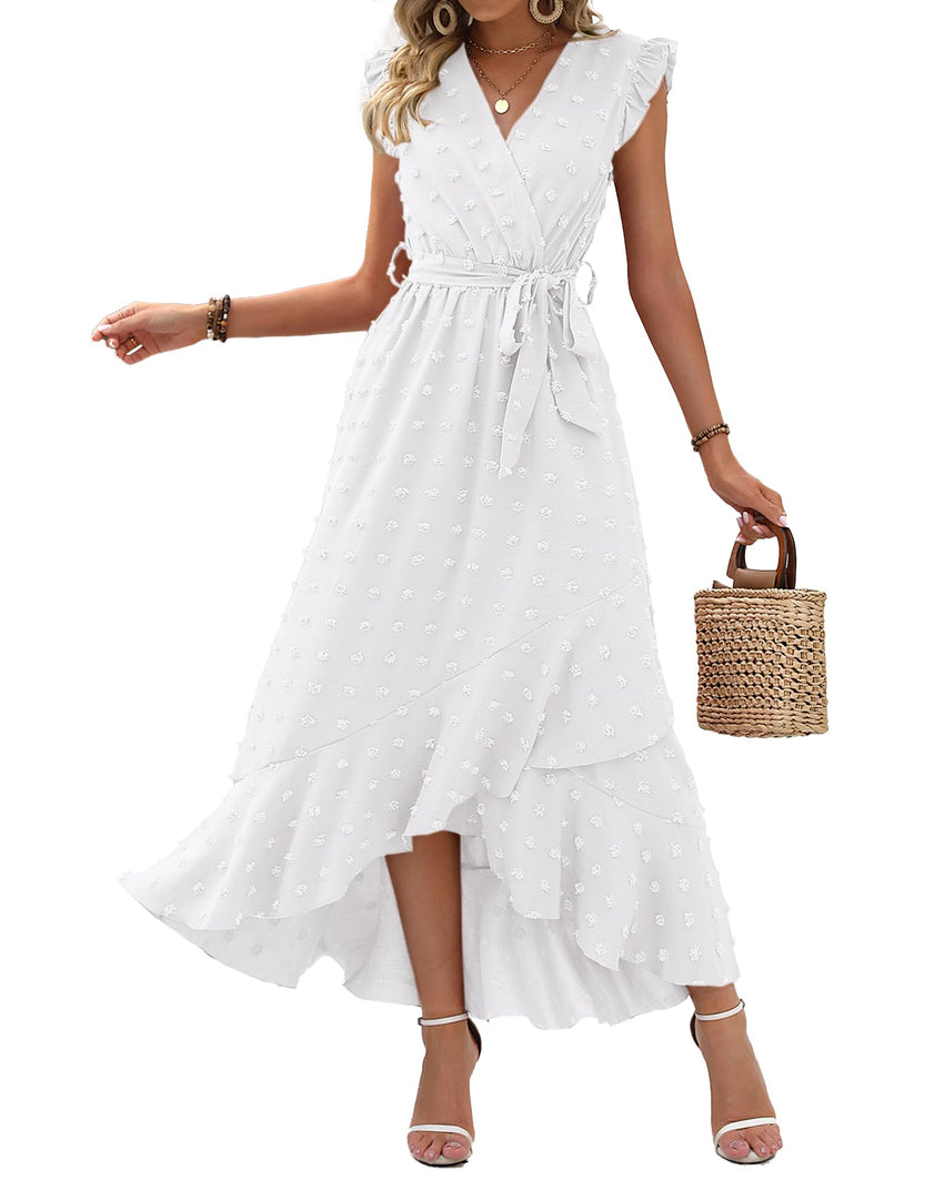 BTFBM Women V Neck Summer Dress 2025 Cap Sleeve Swiss Dot Boho Flowy Ruffle Slit Beach Party Long Maxi Cocktail Dresses - 7DAY'S