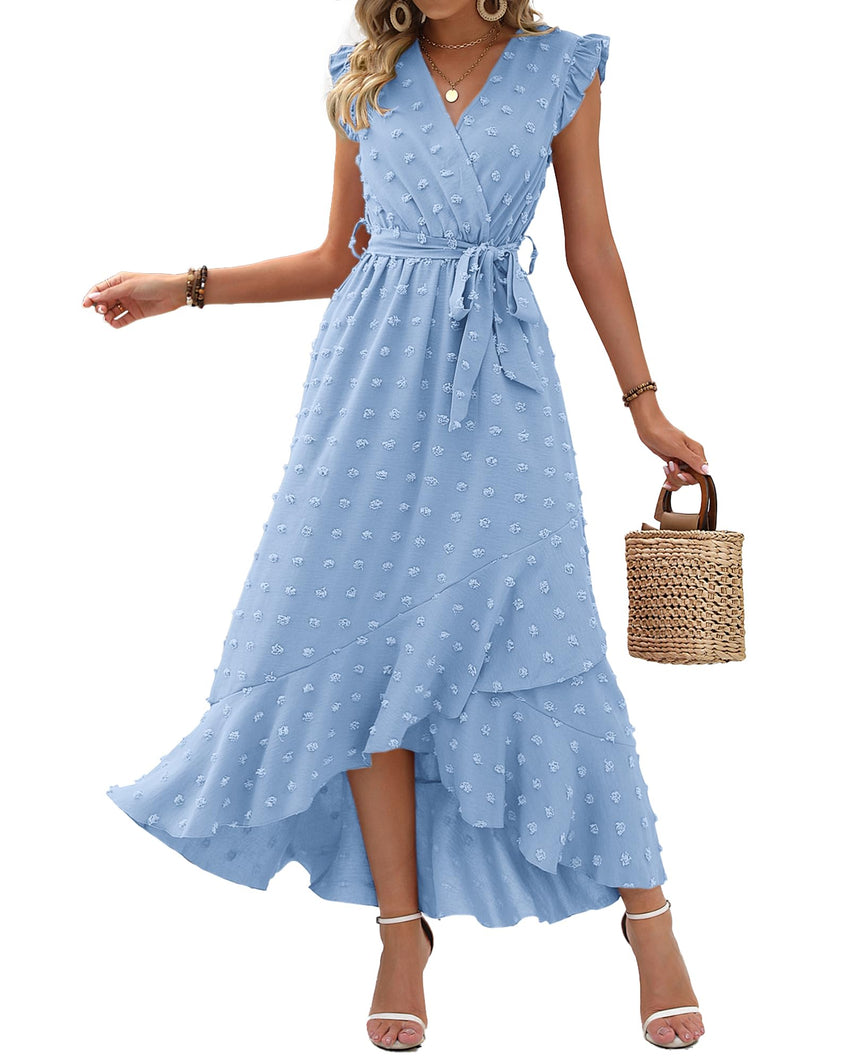 BTFBM Women V Neck Summer Dress 2025 Cap Sleeve Swiss Dot Boho Flowy Ruffle Slit Beach Party Long Maxi Cocktail Dresses - 7DAY'S