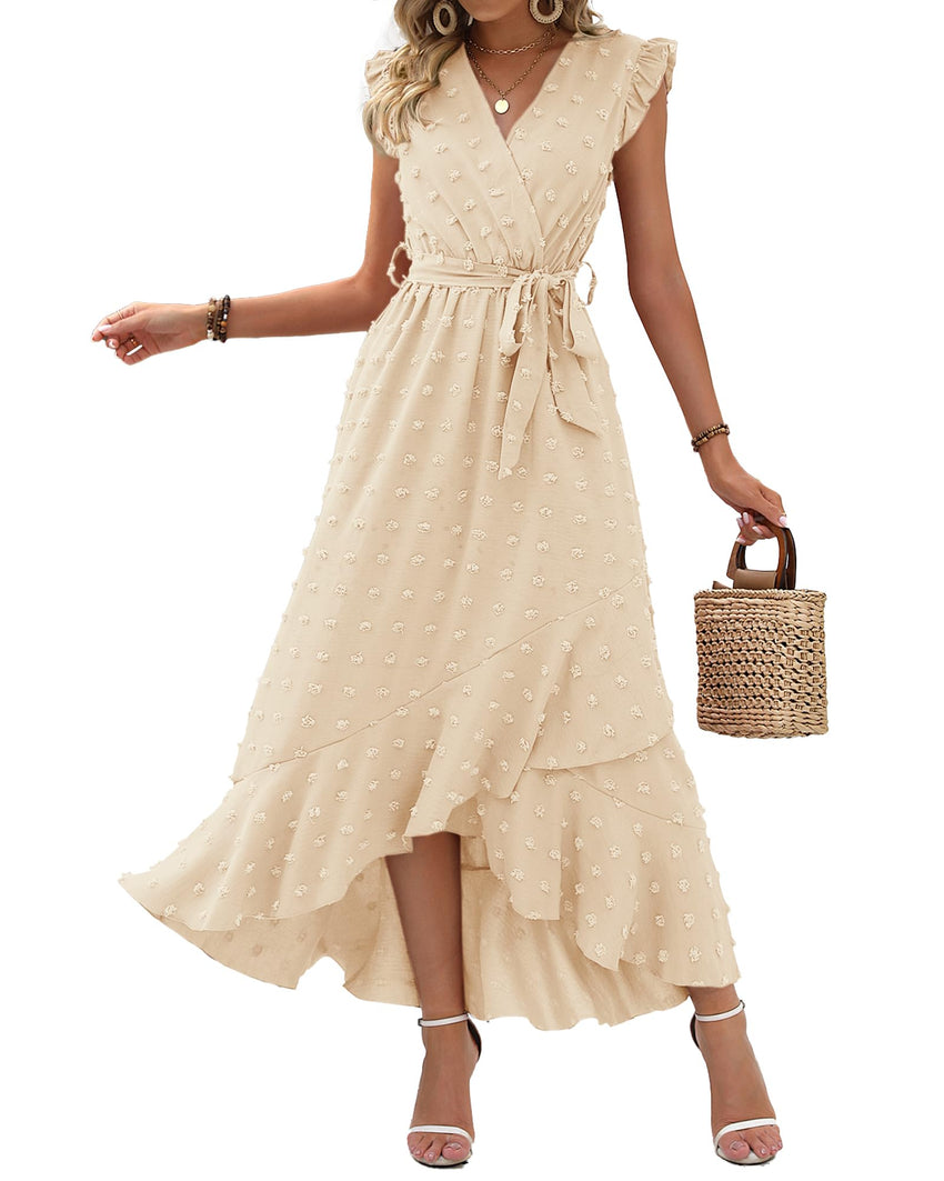 BTFBM Women V Neck Summer Dress 2025 Cap Sleeve Swiss Dot Boho Flowy Ruffle Slit Beach Party Long Maxi Cocktail Dresses - 7DAY'S
