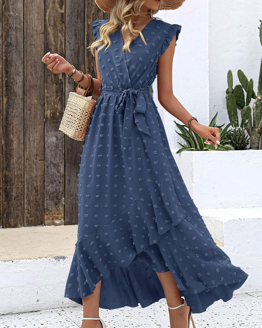 BTFBM Women V Neck Summer Dress 2025 Cap Sleeve Swiss Dot Boho Flowy Ruffle Slit Beach Party Long Maxi Cocktail Dresses - 7DAY'S