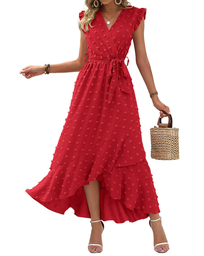 BTFBM Women V Neck Summer Dress 2025 Cap Sleeve Swiss Dot Boho Flowy Ruffle Slit Beach Party Long Maxi Cocktail Dresses - 7DAY'S