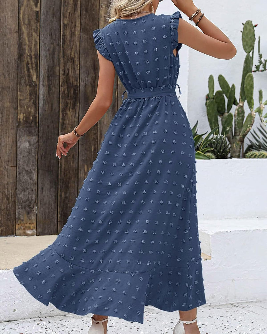 BTFBM Women V Neck Summer Dress 2025 Cap Sleeve Swiss Dot Boho Flowy Ruffle Slit Beach Party Long Maxi Cocktail Dresses - 7DAY'S