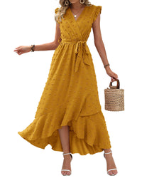 BTFBM Women V Neck Summer Dress 2025 Cap Sleeve Swiss Dot Boho Flowy Ruffle Slit Beach Party Long Maxi Cocktail Dresses - 7DAY'S