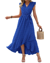 BTFBM Women V Neck Summer Dress 2025 Cap Sleeve Swiss Dot Boho Flowy Ruffle Slit Beach Party Long Maxi Cocktail Dresses - 7DAY'S
