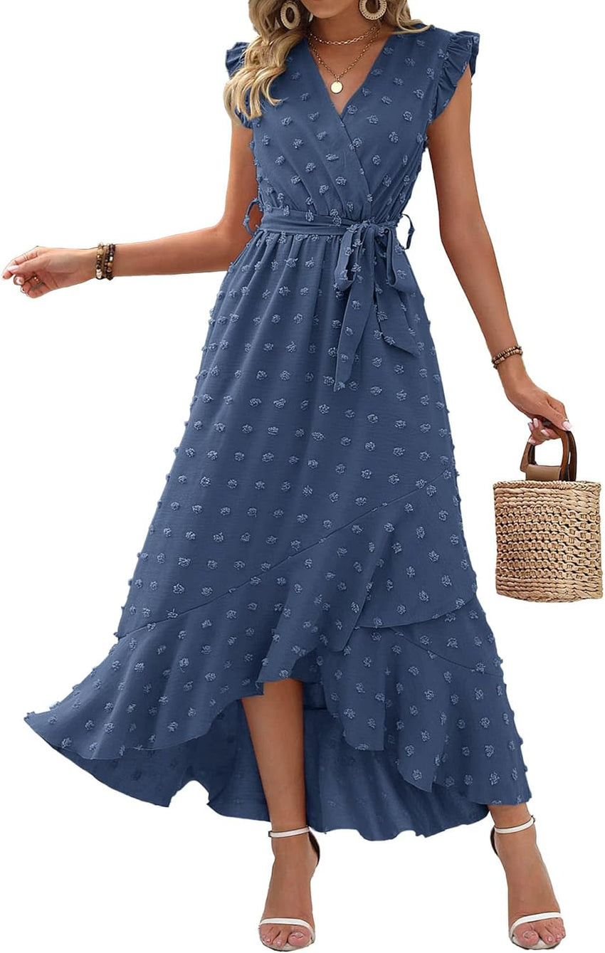 BTFBM Women V Neck Summer Dress 2025 Cap Sleeve Swiss Dot Boho Flowy Ruffle Slit Beach Party Long Maxi Cocktail Dresses - 7DAY'S