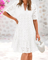 BTFBM Womens Boho Summer Dresses 2025 Resort V Neck Short Sleeve Hollow Out Lace Ruffle Casual Beach Mini Vacation Dress - 7DAY'S