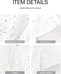 BTFBM Womens Boho Summer Dresses 2025 Resort V Neck Short Sleeve Hollow Out Lace Ruffle Casual Beach Mini Vacation Dress - 7DAY'S