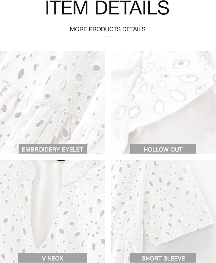 BTFBM Womens Boho Summer Dresses 2025 Resort V Neck Short Sleeve Hollow Out Lace Ruffle Casual Beach Mini Vacation Dress - 7DAY'S