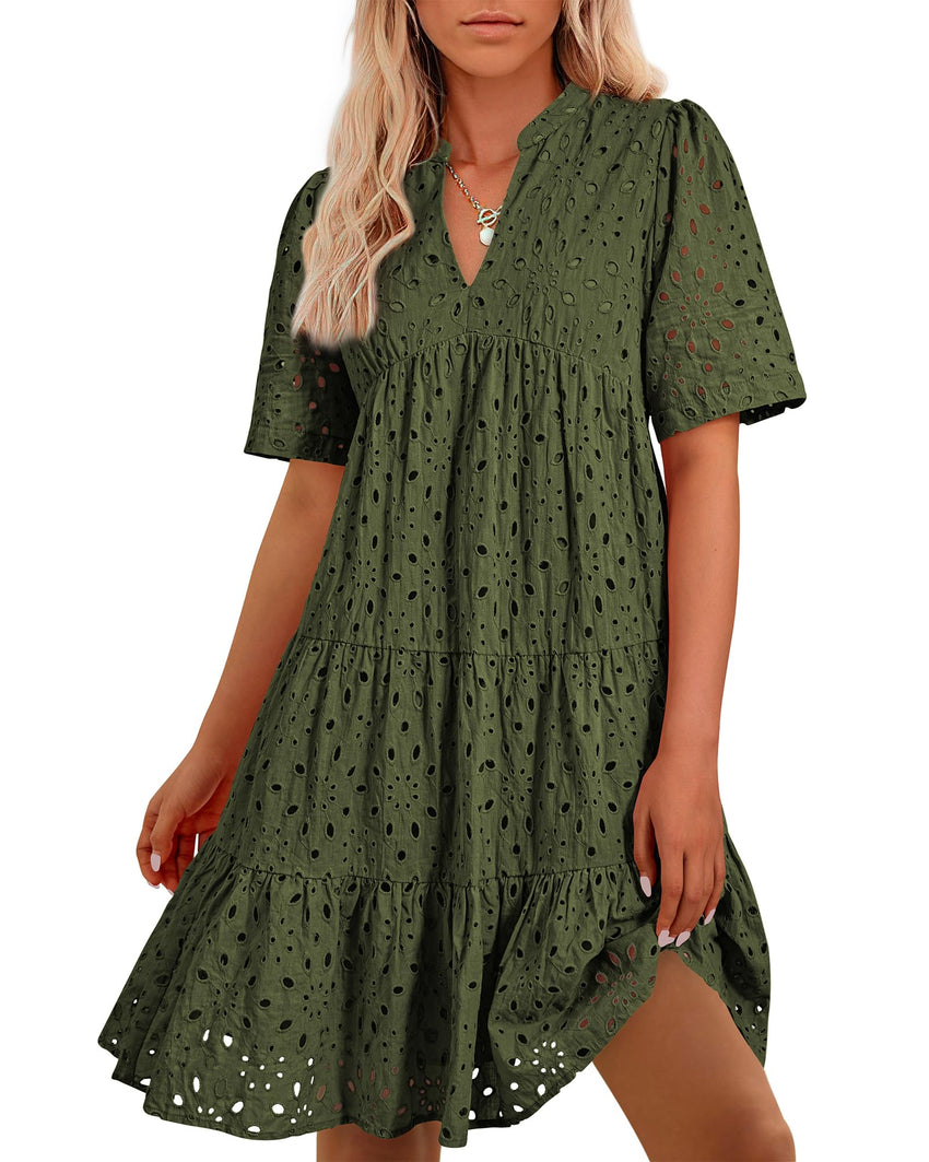 BTFBM Womens Boho Summer Dresses 2025 Resort V Neck Short Sleeve Hollow Out Lace Ruffle Casual Beach Mini Vacation Dress - 7DAY'S