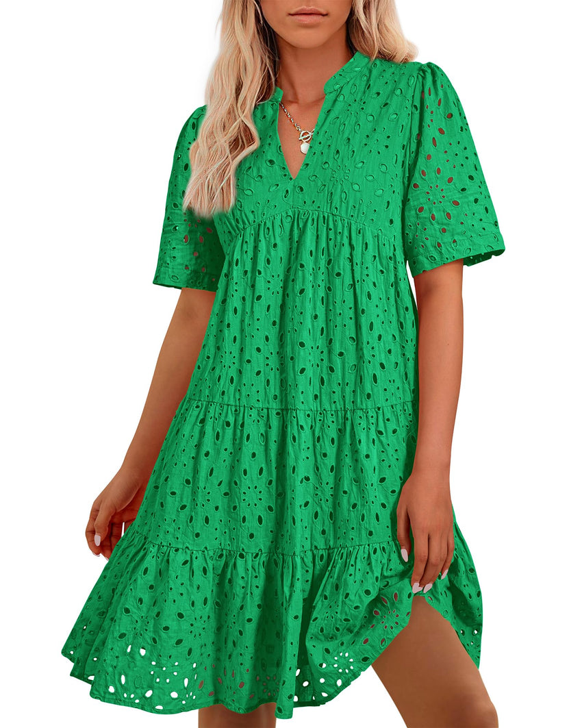 BTFBM Womens Boho Summer Dresses 2025 Resort V Neck Short Sleeve Hollow Out Lace Ruffle Casual Beach Mini Vacation Dress - 7DAY'S