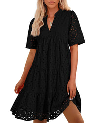 BTFBM Womens Boho Summer Dresses 2025 Resort V Neck Short Sleeve Hollow Out Lace Ruffle Casual Beach Mini Vacation Dress - 7DAY'S