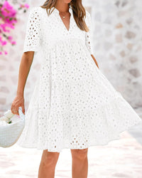 BTFBM Womens Boho Summer Dresses 2025 Resort V Neck Short Sleeve Hollow Out Lace Ruffle Casual Beach Mini Vacation Dress - 7DAY'S