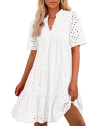 BTFBM Womens Boho Summer Dresses 2025 Resort V Neck Short Sleeve Hollow Out Lace Ruffle Casual Beach Mini Vacation Dress - 7DAY'S